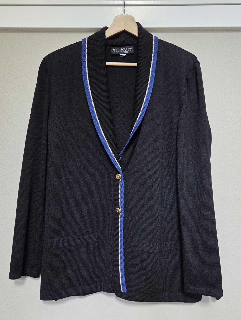 St. John | Black Knit Jacket with Blue and White Trim